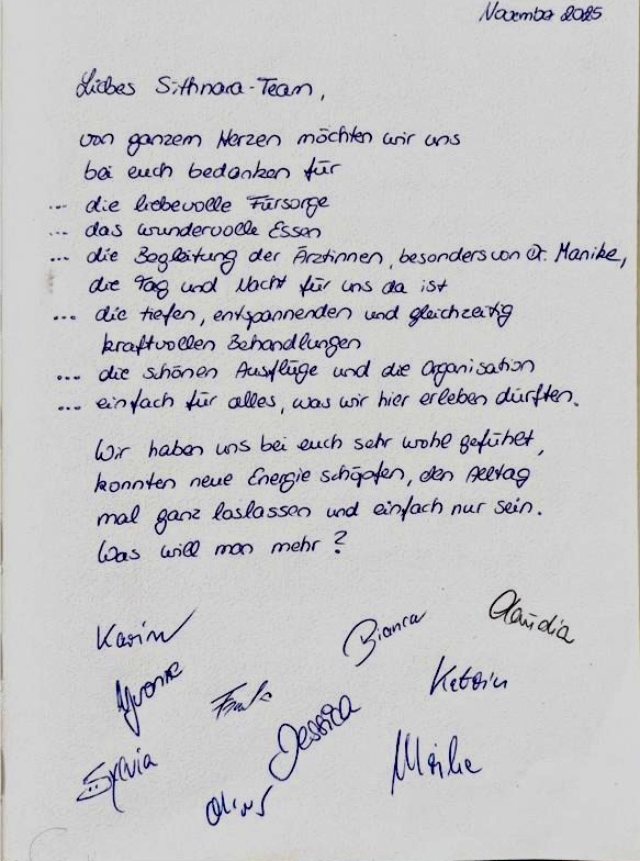 Sithnara Ayurveda Resort | Gästekommentar der Reisegruppe aus November